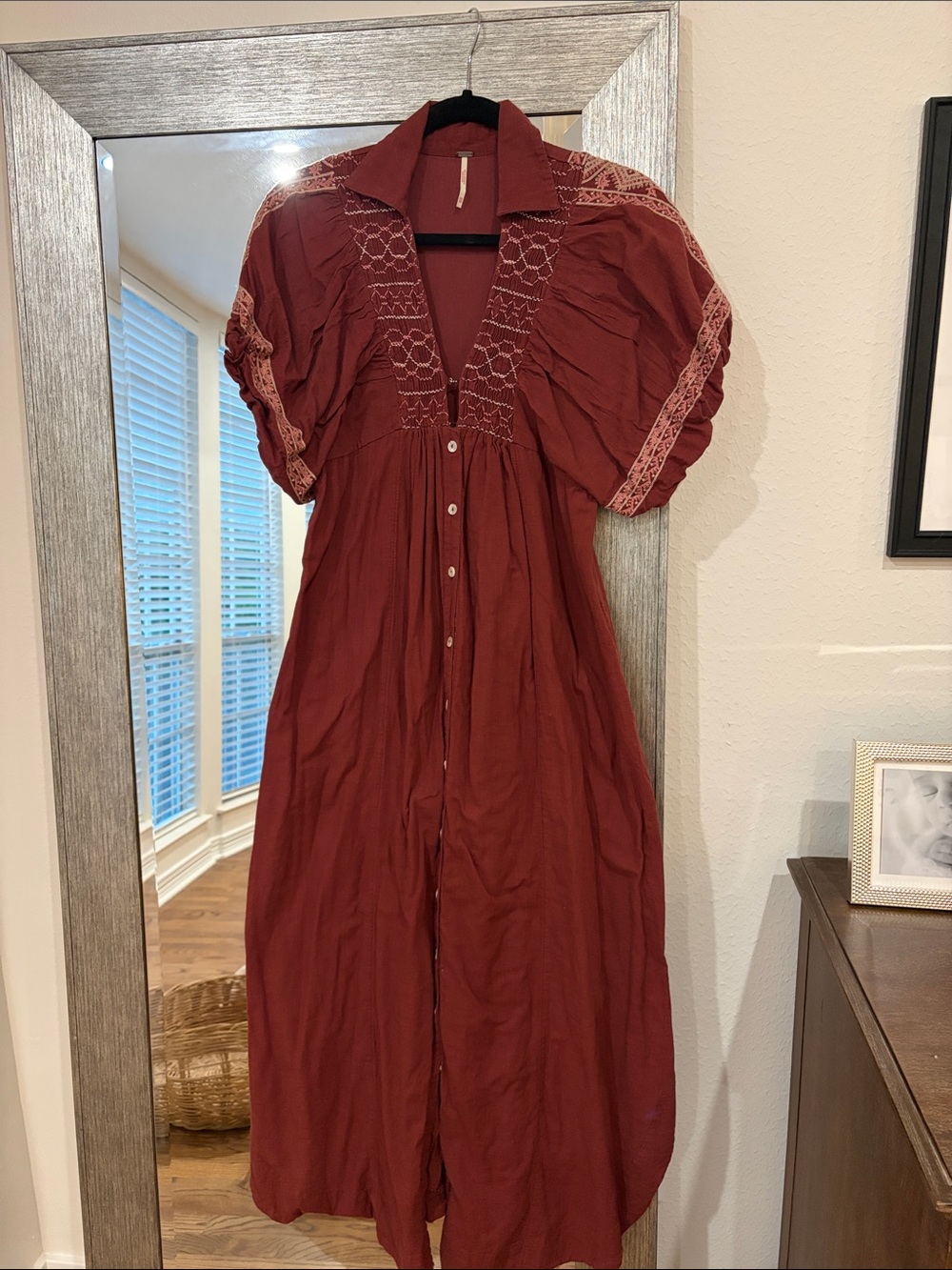 Free People Rust Red Maxi Dress with Embroidered Trim